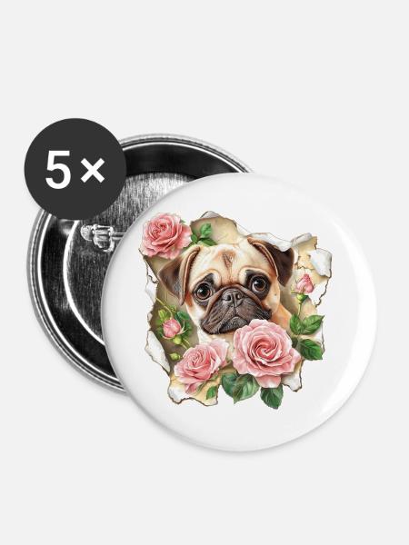 Mops mit Rosen - Buttons groß 56 mm (5er Pack) - Weiß