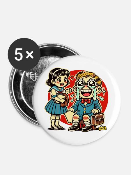 Retro Schulkinder mit Herz Hintergrund - Buttons groß 56 mm (5er Pack) - Weiß