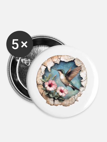Kolibri mit Blüten - Buttons groß 56 mm (5er Pack) - Weiß