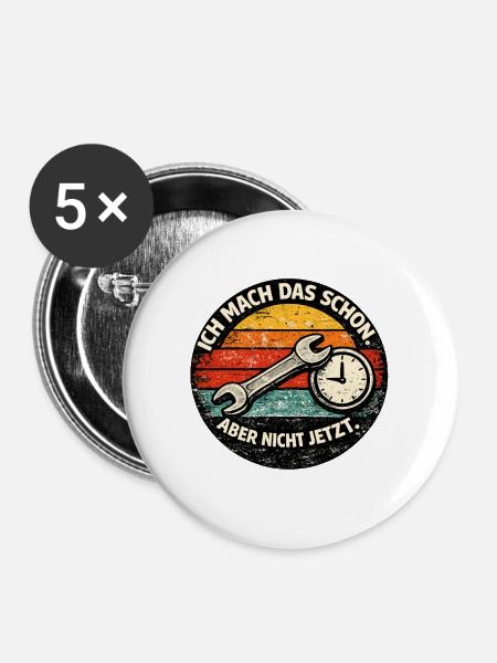 Prokrastination mit Werkzeug und Uhr - Buttons groß 56 mm (5er Pack) - Weiß