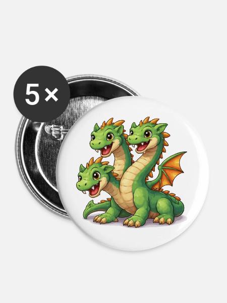 Dreiköpfiger Drache - Buttons groß 56 mm (5er Pack) - Weiß