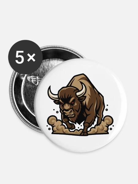 Wild Bison Charge Maskottchen Buffalo - Buttons groß 56 mm (5er Pack) - Weiß