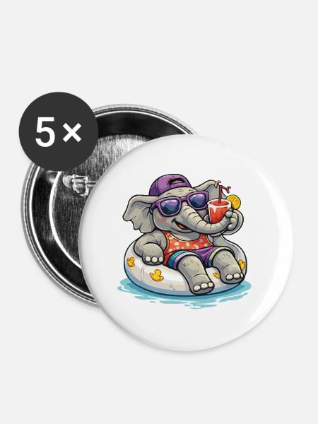 StrandElefant mit Drink - Buttons groß 56 mm (5er Pack) - Weiß
