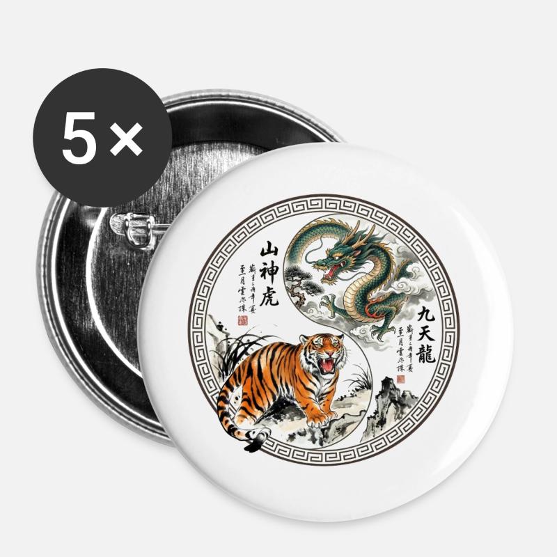 Tiger und Drache Asiatisch - Buttons groß 56 mm (5er Pack) - Weiß