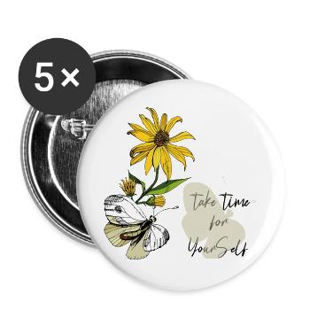 Sonnenblume & Schmetterling - Buttons groß 56 mm (5er Pack) - Weiß - Vorne