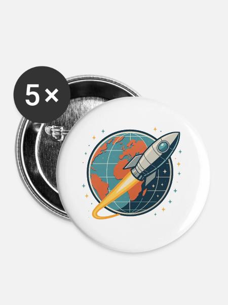 Raketenstart über Weltkugel - Buttons groß 56 mm (5er Pack) - Weiß