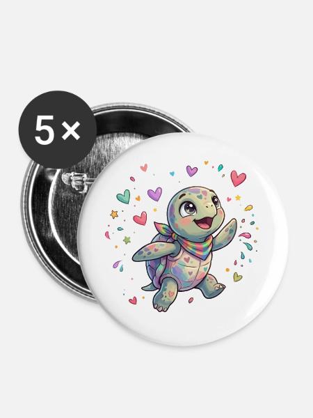 Regenbogen Turtle mit Herzmustern - Buttons groß 56 mm (5er Pack) - Weiß