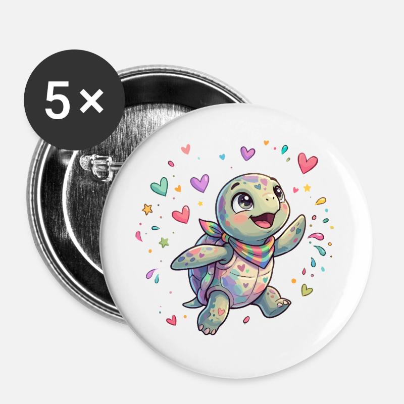Regenbogen Turtle mit Herzmustern - Buttons groß 56 mm (5er Pack) - Weiß