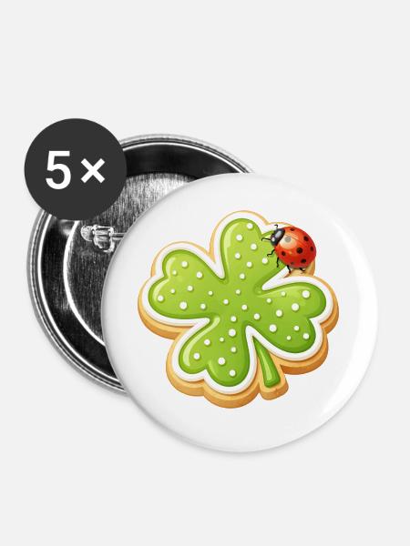Kleeblatt Keks mit Marienkäfer  - Buttons groß 56 mm (5er Pack) - Weiß
