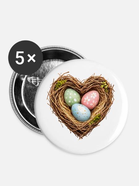 Herzförmiges Osternest mit Eiern - Buttons groß 56 mm (5er Pack) - Weiß