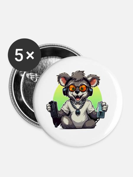 Gamer Koala mit Headset - Buttons groß 56 mm (5er Pack) - Weiß
