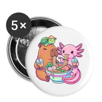 Kawaii Ramen Boba Freunde Capybara Axolotl Schildkröte - Buttons groß 56 mm (5er Pack) - Weiß - Vorne