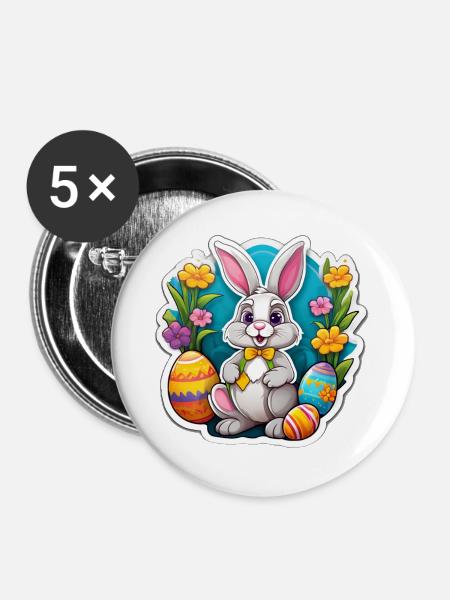 Pastell-Osterhase und blühende Eier - Buttons groß 56 mm (5er Pack) - Weiß