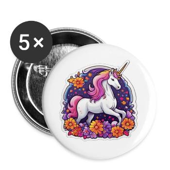 Licorne éclatante entourée de fleurs cosmos - Lot de 5 grands badges (56 mm) - blanc - Devant