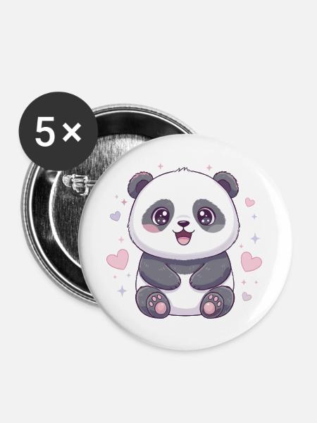 Kawaii Panda mit Herzchen - Buttons groß 56 mm (5er Pack) - Weiß