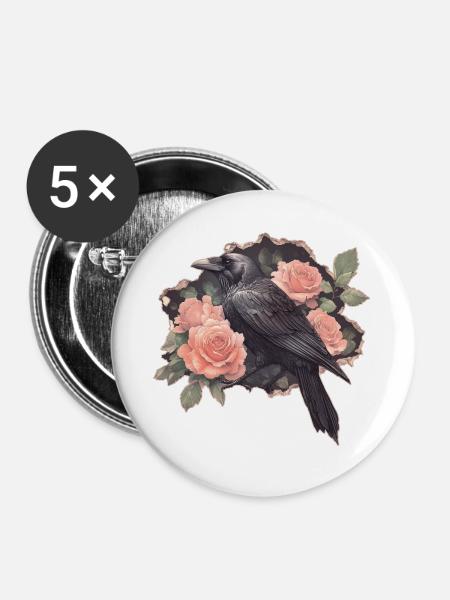 Rabe mit Rosen - Buttons groß 56 mm (5er Pack) - Weiß