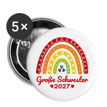 Große Schwester 2027 Boho Regenbogen bunt - Buttons groß 56 mm (5er Pack) - Weiß - Vorne