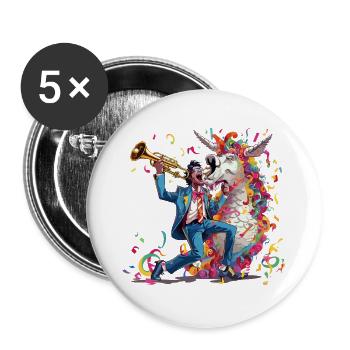 Trompeter und Regenbogen-Einhorn - Buttons groß 56 mm (5er Pack) - Weiß - Vorne
