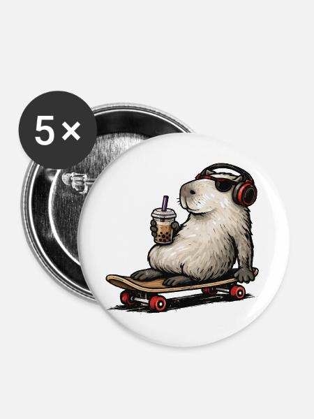 Capybara Skateboard Bubble Tea - Buttons groß 56 mm (5er Pack) - Weiß