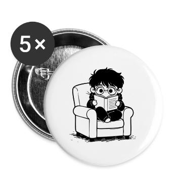 Sticker Child Reading Cozy Armchair Black and White - Buttons large 2.2''/56 mm (5-pack) - white - Front