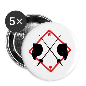 Fechtlogo-Masken und rote Kreuzklingen - Buttons groß 56 mm (5er Pack) - Weiß - Vorne