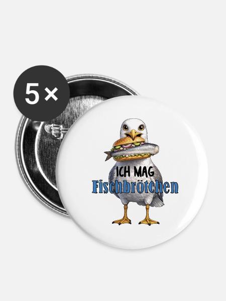 Möwe mit Fischbrötchen Illustration - Buttons groß 56 mm (5er Pack) - Weiß