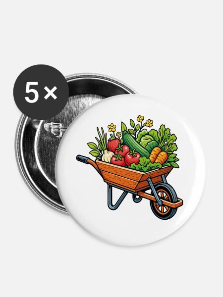 Gemüseernte im Gemüsegarten im Schubkarren - Buttons groß 56 mm (5er Pack) - Weiß