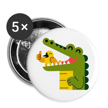 Fröhliches Krokodil mit Vogel im Maul - Buttons groß 56 mm (5er Pack) - Weiß - Vorne