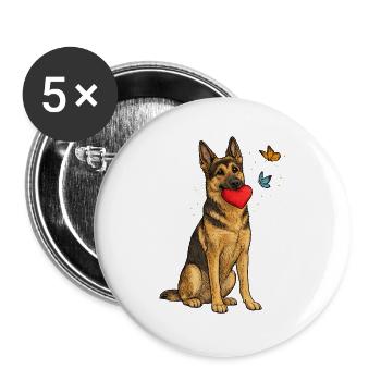 Deutscher Schäferhund mit Herz und Schmetterlingen - Buttons groß 56 mm (5er Pack) - Weiß - Vorne