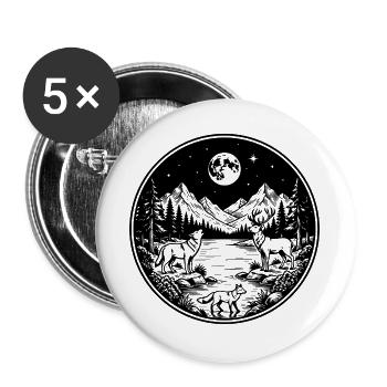 Wolf, Hirsch und Fuchs am Bergfluss im Vollmond. - Buttons groß 56 mm (5er Pack) - Weiß - Vorne