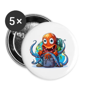 Reise-Oktopus mit Weltkugel - Buttons groß 56 mm (5er Pack) - Weiß - Vorne
