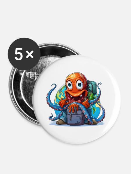 Reise-Oktopus mit Weltkugel - Buttons groß 56 mm (5er Pack) - Weiß