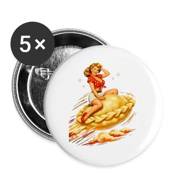 Pelmeni Pin-Up: Fliegende Teigtasche Retro Art - Buttons groß 56 mm (5er Pack) - Weiß - Vorne