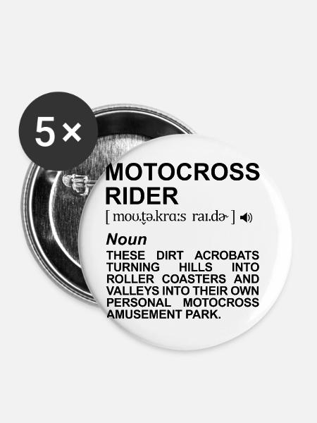 Motocross Fahrer Beschreibung - Buttons groß 56 mm (5er Pack) - Weiß