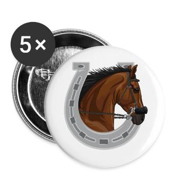 Der Kopf eines braunen Pferdes und eines Hufeisens - Buttons groß 56 mm (5er Pack) - Weiß - Vorne
