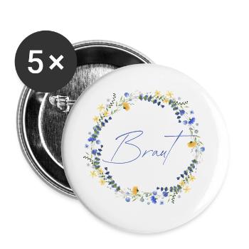 Brautblumenkranz "Braut" - Buttons groß 56 mm (5er Pack) - Weiß - Vorne
