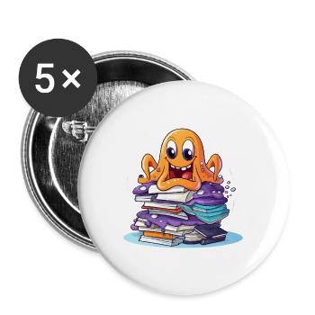 Lernoctopus mit Bücherstapel - Buttons groß 56 mm (5er Pack) - Weiß - Vorne