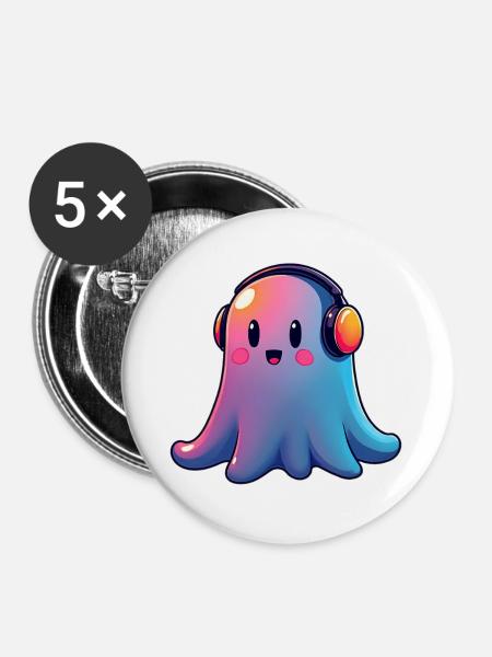 Gespenst mit Kopfhörern - Buttons groß 56 mm (5er Pack) - Weiß