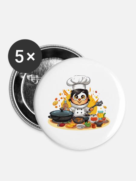 Küchen-Pinguin Meisterkoch - Buttons groß 56 mm (5er Pack) - Weiß