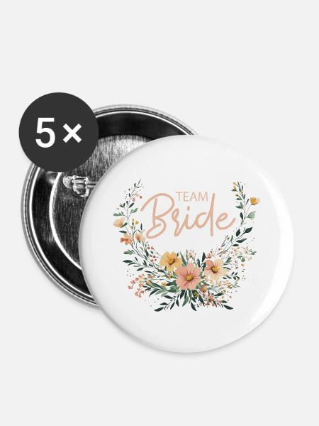 Team Bride! Boho Blumen Bouquet, personalisierbar - Buttons groß 56 mm (5er Pack) - Weiß