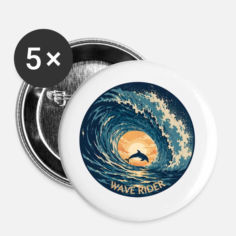 Dolphin Ocean Sea WAVE RIDER - Buttons large 2.2''/56 mm (5-pack) - white