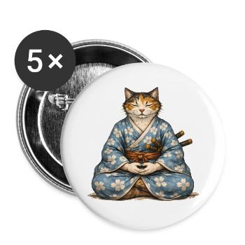 Zen-Samurai-Katzen-Meditationskimono - Buttons groß 56 mm (5er Pack) - Weiß - Vorne