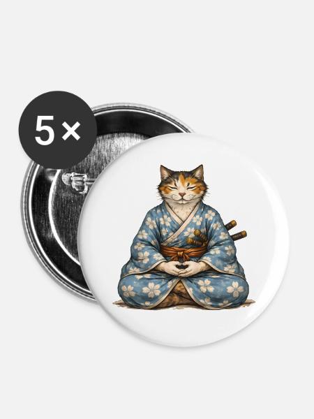 Zen-Samurai-Katzen-Meditationskimono - Buttons groß 56 mm (5er Pack) - Weiß