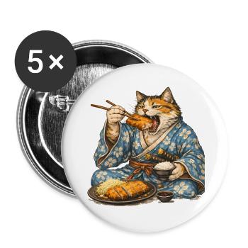Samurai Cat Tonkatsu Japanese Food Ukiyo-e - Buttons large 2.2''/56 mm (5-pack) - white - Front
