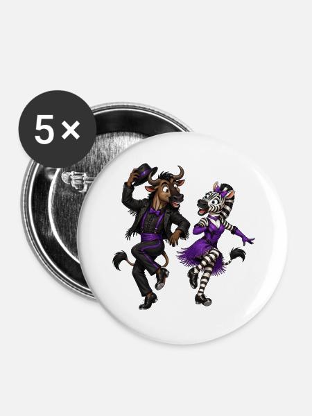 Gnu und Zebra im glamourösen Stepptanz - Buttons groß 56 mm (5er Pack) - Weiß