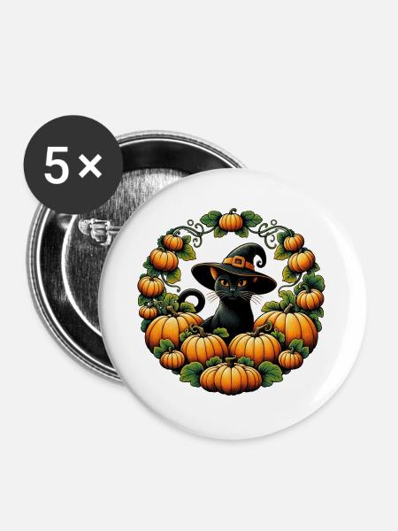 Kürbiskreis-Hexenkatze - Buttons groß 56 mm (5er Pack) - Weiß
