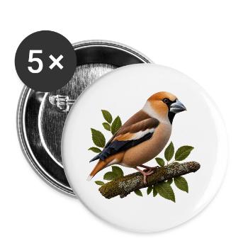 Kernbeißer auf bemoostem Ast – Naturgetreue Illust - Buttons groß 56 mm (5er Pack) - Weiß - Vorne