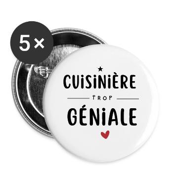 Cuisinière trop géniale Chef Cadeau - Lot de 5 grands badges (56 mm) - blanc - Devant