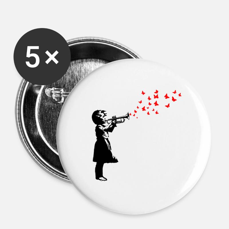 Mädchen und Schmetterlinge mit Trompete, Banksy-Stil. - Buttons groß 56 mm (5er Pack) - Weiß