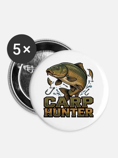 Karp Jäger – detailreiche Fischjagd Grafik - Buttons groß 56 mm (5er Pack) - Weiß